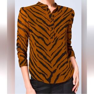 White House Black Market Woman’s Ruched-Sleeve Blouse,BrownTiger Print Color, S